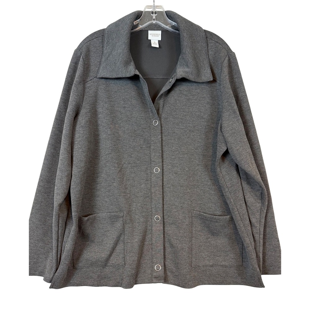Chicos Weekends Gray Snap Front Knit Jacket Womens Size 3 Charcoal Heather Layer
